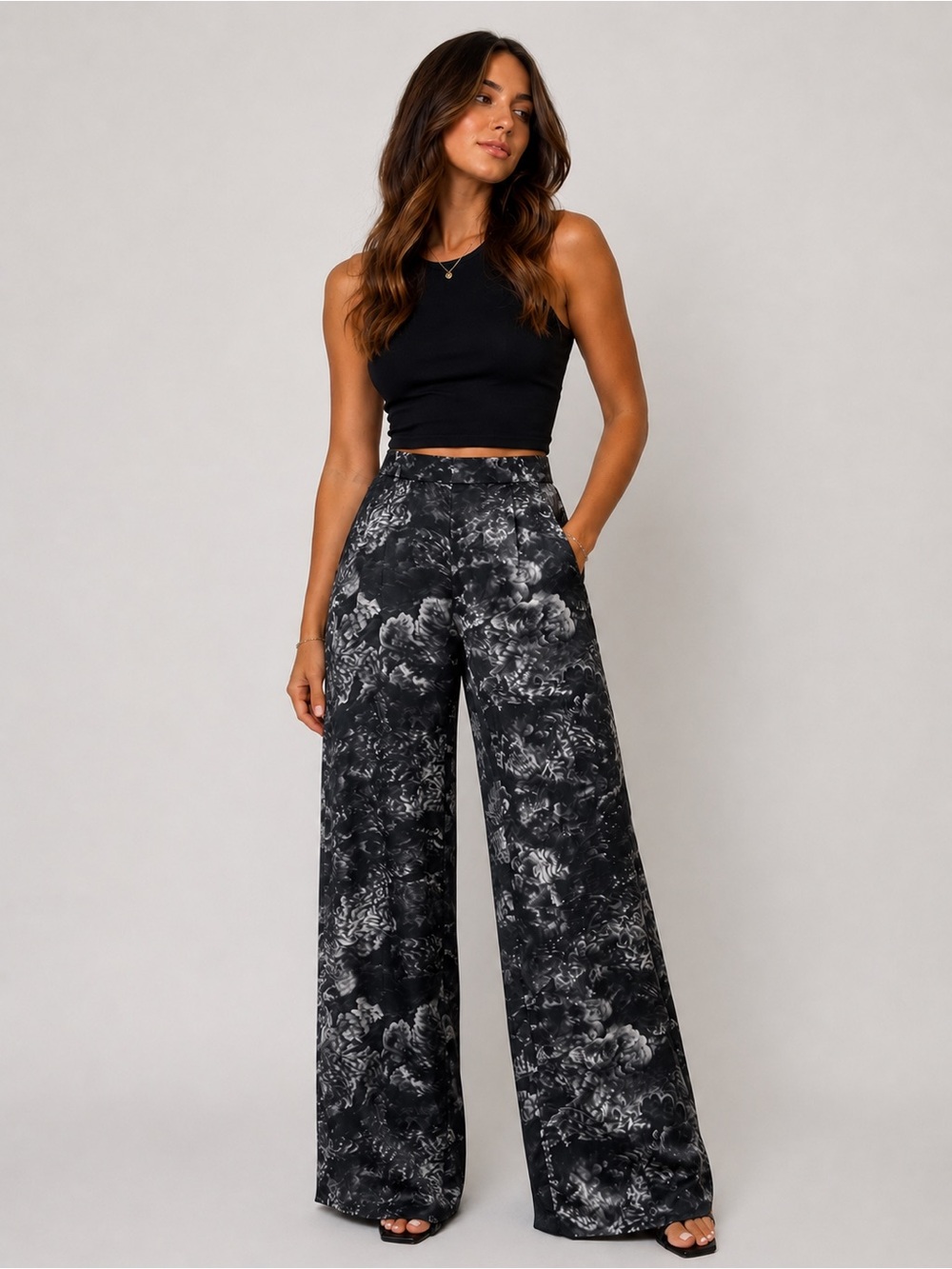 Athleta Calm Cool Wide Leg Pants Black Gray Print NWT Size Medium Retail $109